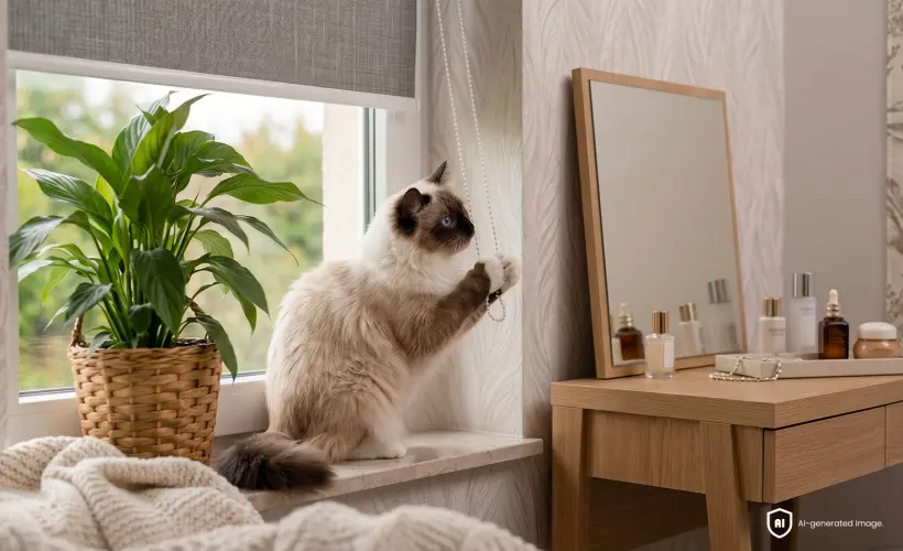 Eine Katze sitzt auf der Fensterbank neben einer Pflanze und spielt mit der Kette eines Rollos.