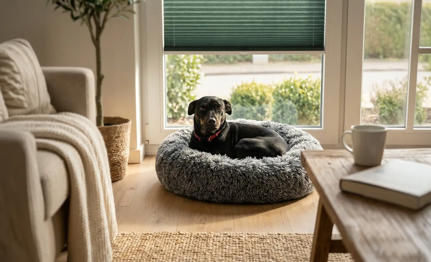 Ein kleiner schwarzer Hund liegt in seinem K&ouml;rbchen am Fenster mit einem Standard-Plissee.