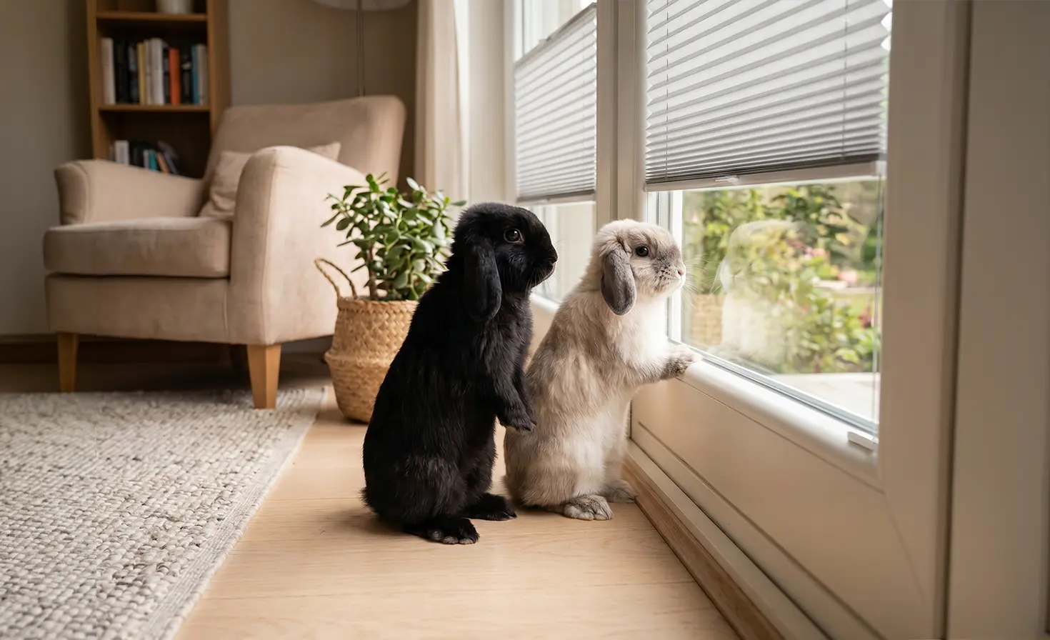 Zwei kleine Kaninchen schauen durch ein Fenster mit grauen Standard-Plissees.