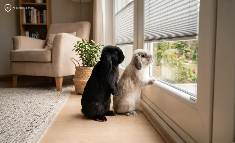 Zwei kleine Kaninchen schauen durch ein Fenster mit grauen Standard-Plissees.
