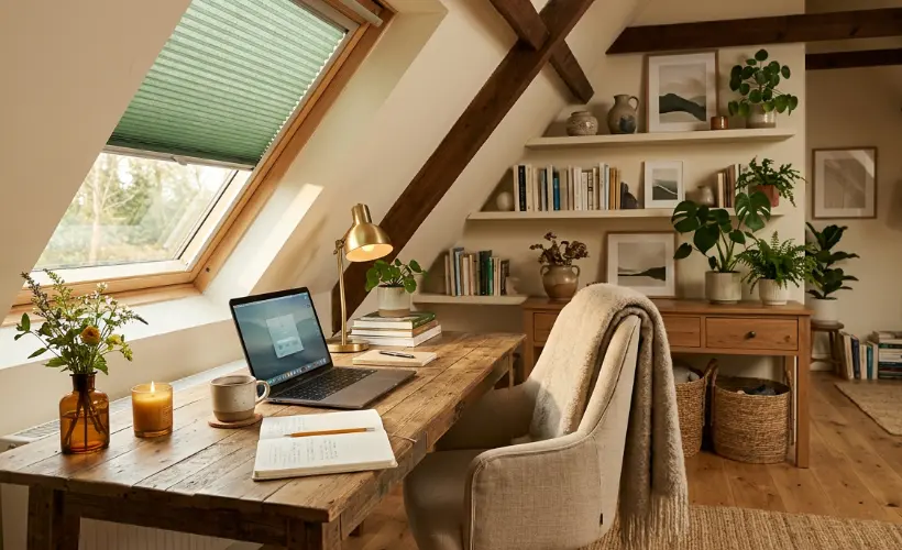 Gem&uuml;tliches, modernes B&uuml;ro im Boho-Stil unter dem Dach mit einem gr&uuml;nen Dachfenster-Plissee