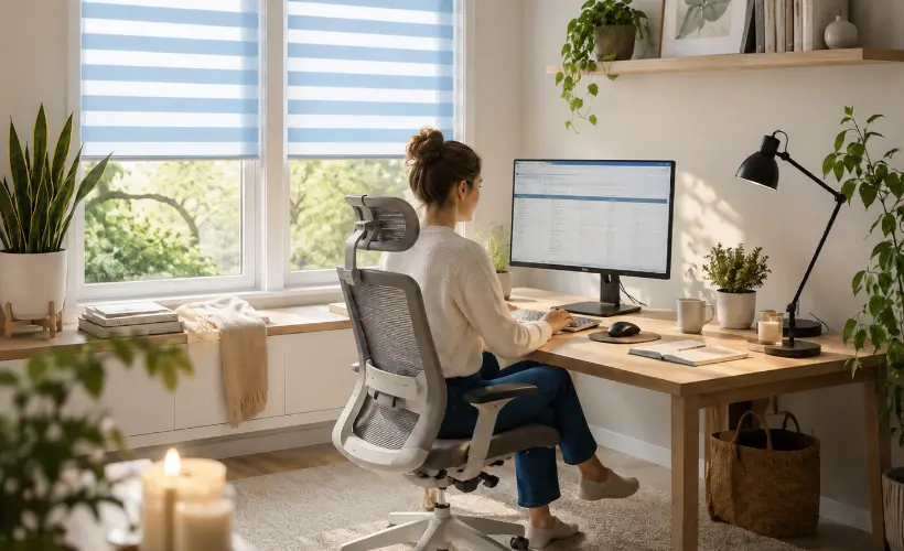 Frau arbeitet am Computer in einem hellen B&uuml;ro mit blauen Tag-und-Nacht-Rollos an den Fenstern