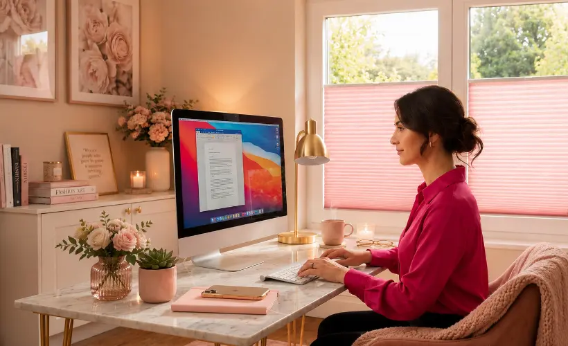 Frau arbeitet am Computer in einem modernen, rosa B&uuml;ro, im Hintergrund Standardplissees in Puderrosa