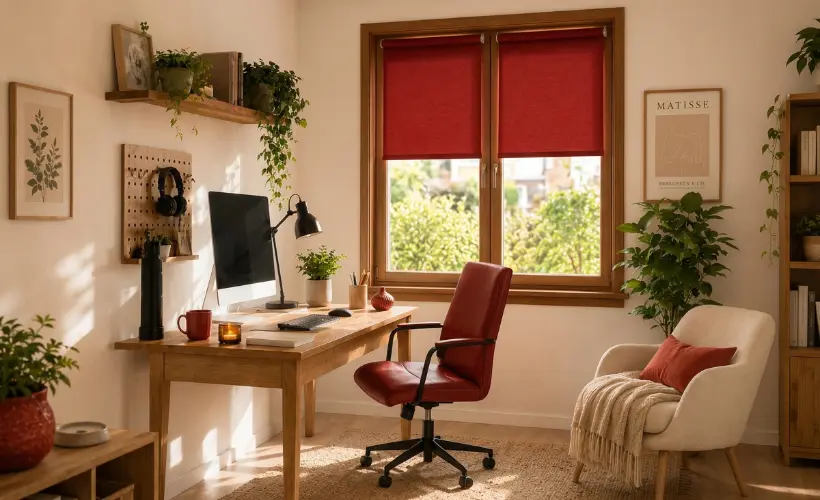 Gem&uuml;tliches B&uuml;ro mit Standardrollos in der Farbe Marsala-Rot an den Fenstern
