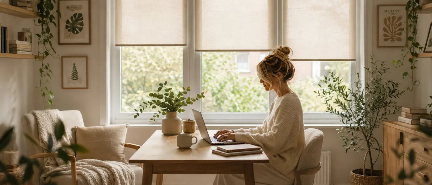 Woman working on a laptop in the living room, with beige standard roller blinds on the windows in the background