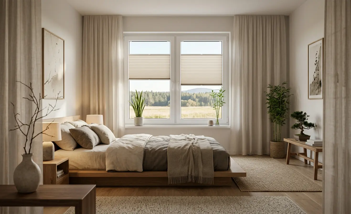 Gem&uuml;tliches beiges Schlafzimmer im Japandi-Stil mit beigen Plissee-Rollos am Fenster.
