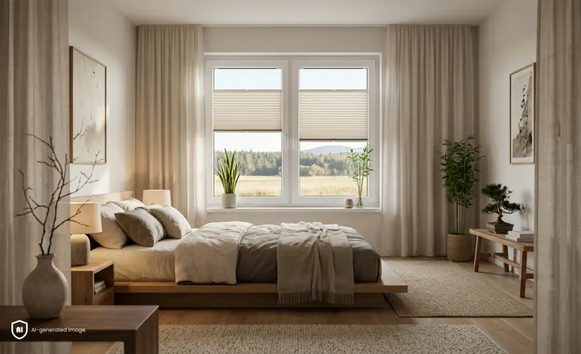 Gemütliches beiges Schlafzimmer im Japandi-Stil mit beigen Plissee-Rollos am Fenster.