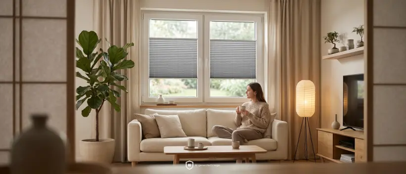 Eine Frau sitzt auf einem Sofa in einem Wohnzimmer im Japandi-Stil; am Fenster befinden sich graue Plissee-Rollos.