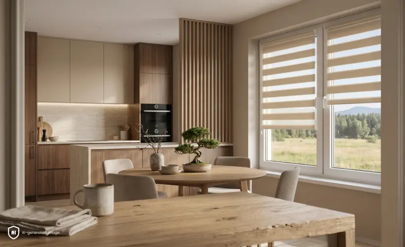Moderne, stilvolle K&uuml;che im Japandi-Stil mit beigen Doppelrollos am Fenster.