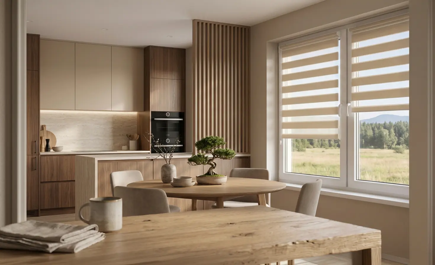 A modern, stylish Japandi-style kitchen with beige day and night blinds on the window.