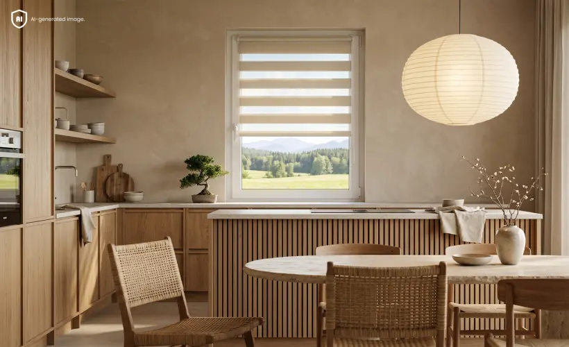 A window with a beige day and night blind in a Japandi-style kitchen.