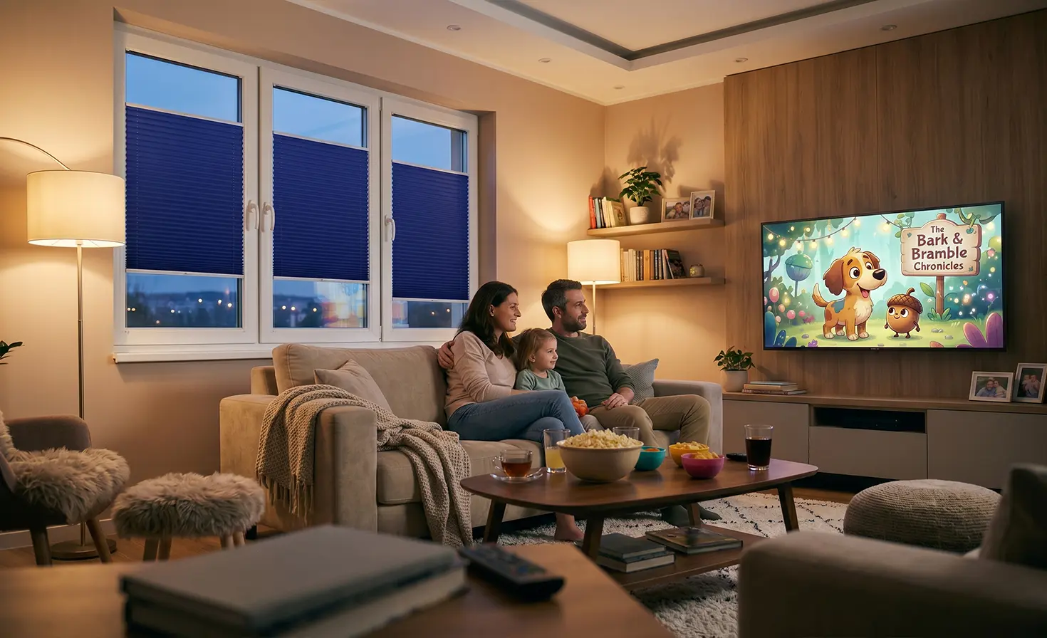 Familie sitzt auf dem Sofa vor dem Fernseher und schaut einen Film im Heimkino