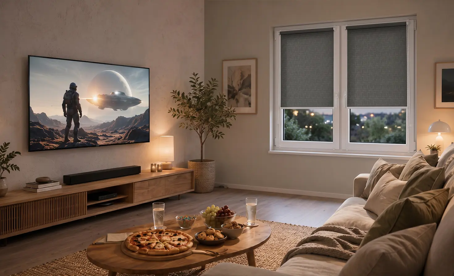 Großer Fernseher an der Wand in einem gemütlichen Wohnzimmer, am Fenster ein graues Standard-Rollo