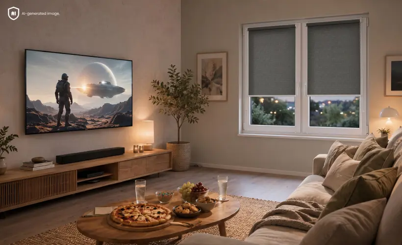 Großer Fernseher an der Wand in einem gemütlichen Wohnzimmer, am Fenster ein graues Standard-Rollo