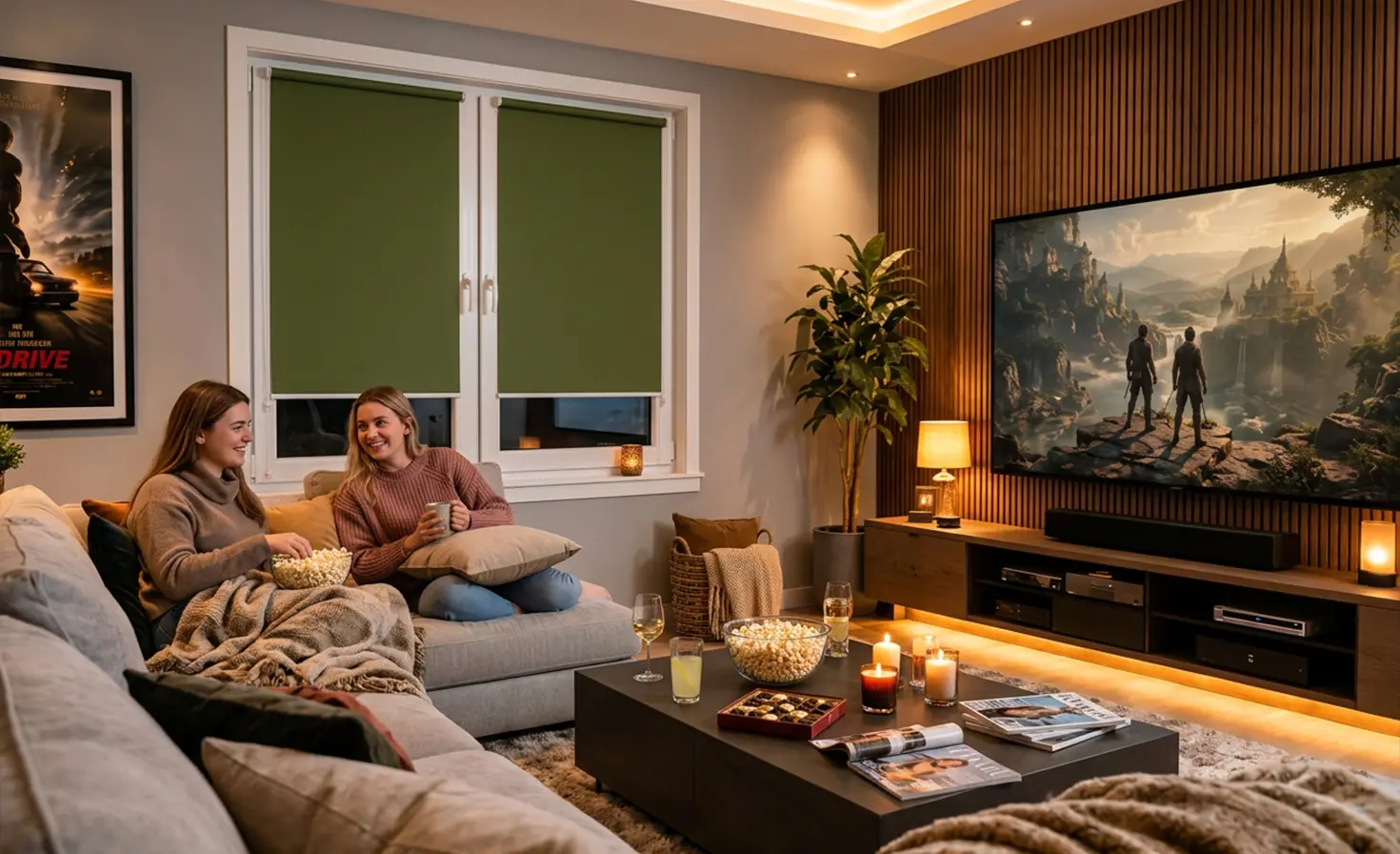Frauen sitzen auf dem Sofa vor dem Fernseher im Heimkino