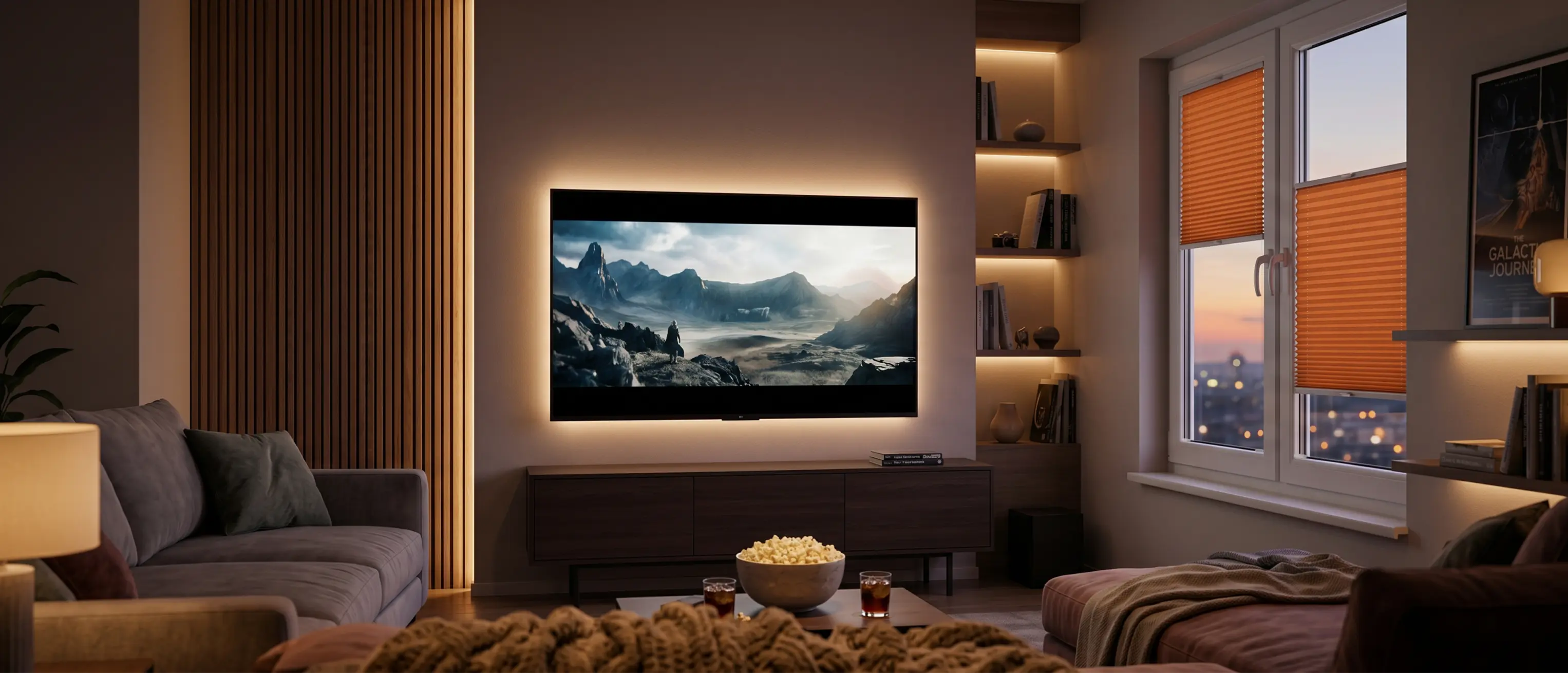 Large TV on the wall in a home cinema, an orange standard pleated blind on the window
