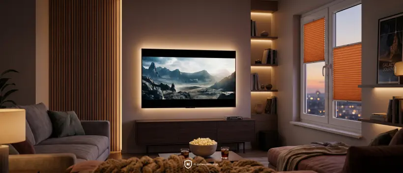 Large TV on the wall in a home cinema, an orange standard pleated blind on the window