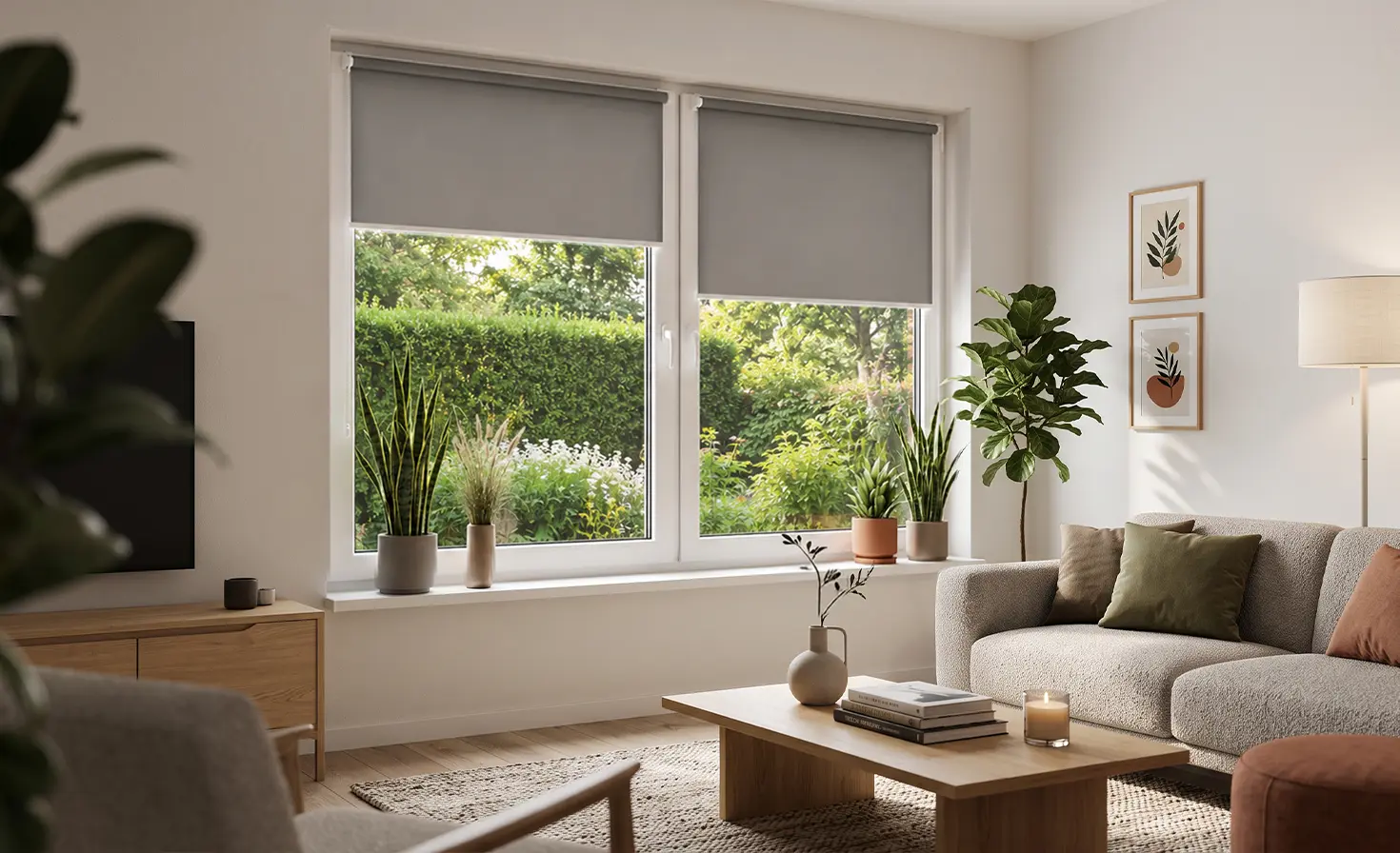 Ein Wohnzimmer mit Blick auf einen gro&szlig;en, gr&uuml;nen Garten hinter dem Fenster. Am Fenster ist ein graues Rollo montiert.