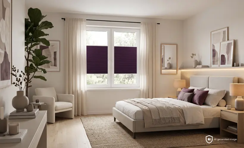 Ein gro&szlig;es und elegantes Schlafzimmer mit einem sch&ouml;nen Plissee, das farblich auf die Accessoires abgestimmt ist.