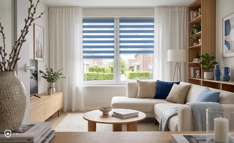 Ein gem&uuml;tliches Wohnzimmer in Blau und Wei&szlig;. Im Hintergrund ist ein blaues Doppelrollo zu sehen.