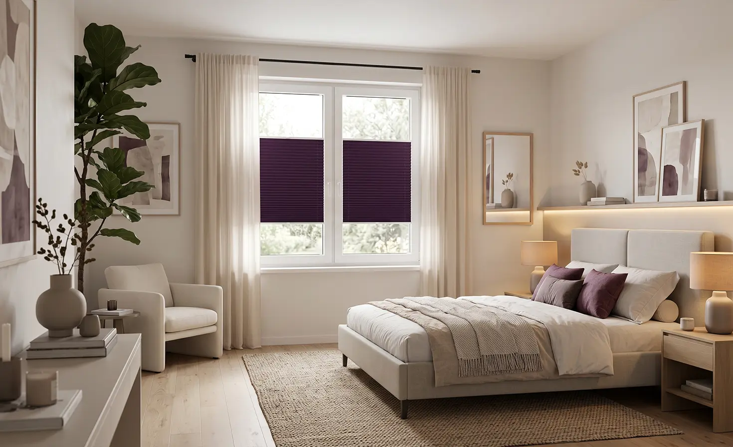 A large and elegant bedroom with a beautiful pleated blind matching the colour of the accessories.