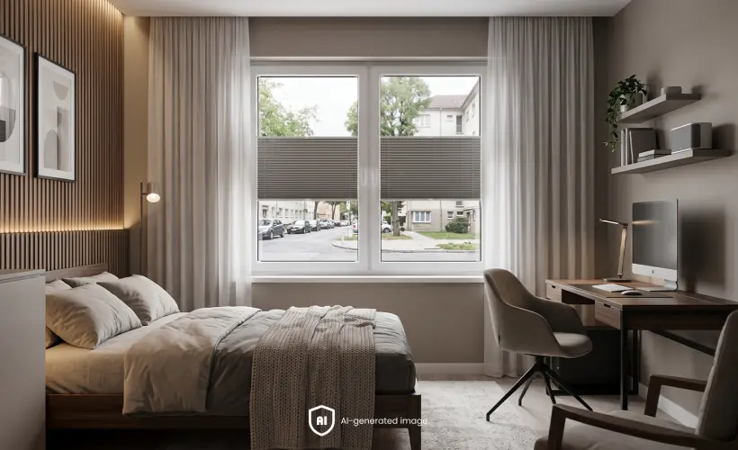 A modern teenager&rsquo;s room. In the background, a pleated blind provides privacy from outside views.