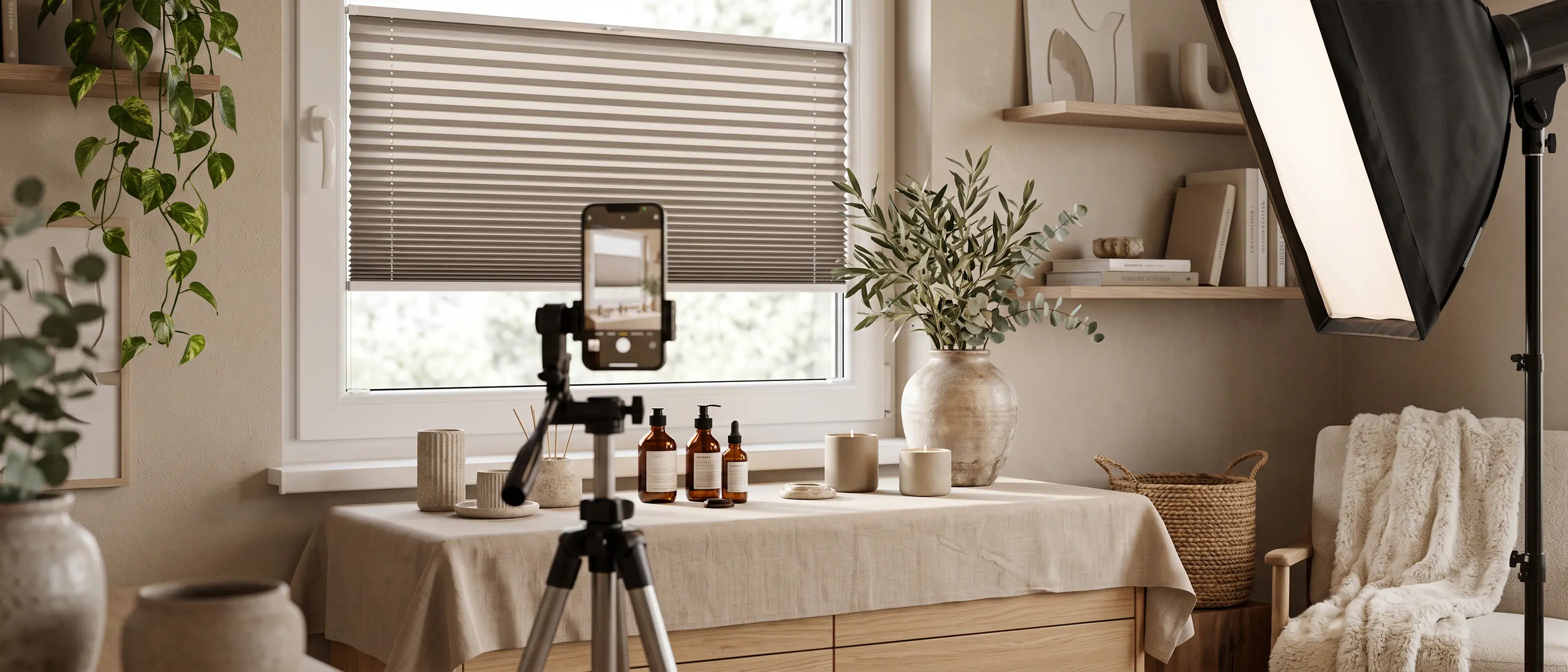 Fotografie-Setup am Fenster, mit einem sandfarbenen Verdunkelungsplissee im Hintergrund.