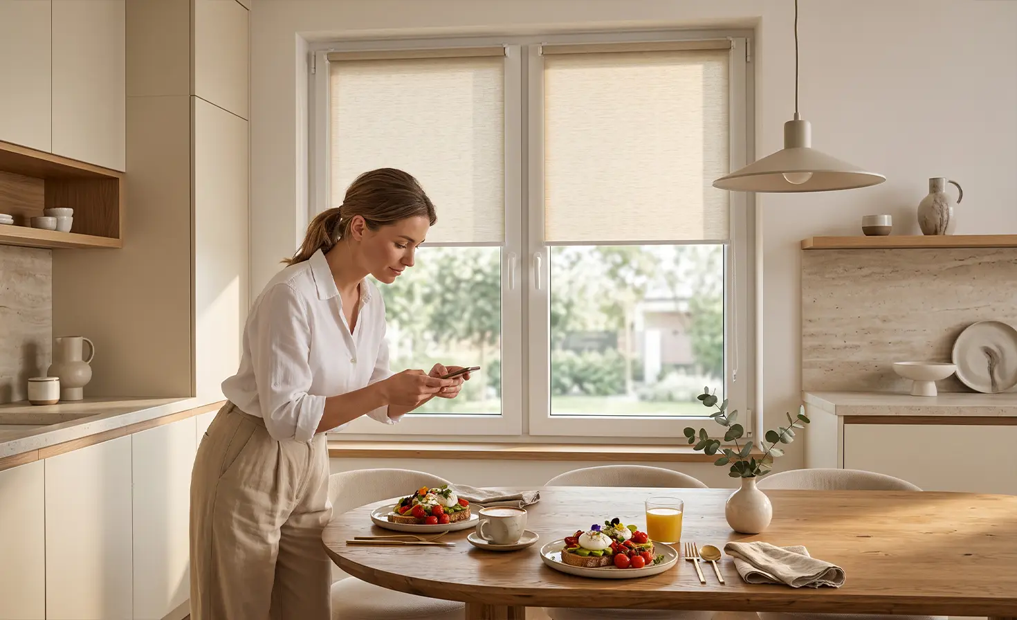Eine Frau fotografiert in der K&uuml;che Essen mit ihrem Smartphone; im Hintergrund sind beige Standard-Rollos am Fenster zu sehen.