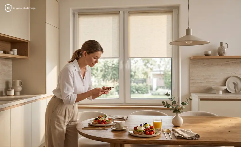 Eine Frau fotografiert in der K&uuml;che Essen mit ihrem Smartphone; im Hintergrund sind beige Standard-Rollos am Fenster zu sehen.