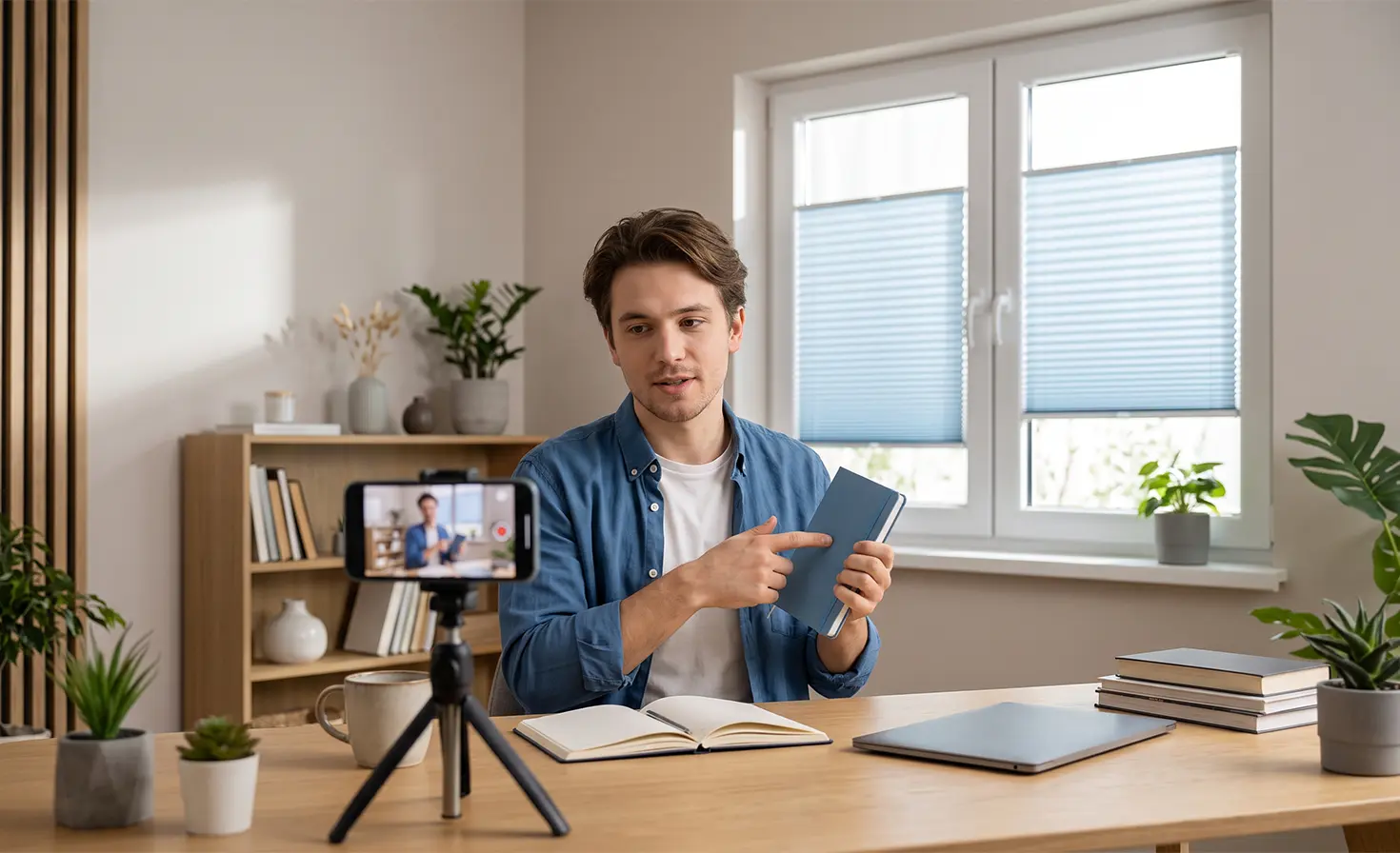 Ein Mann nimmt an seinem Schreibtisch ein Video mit einer Buchrezension auf; im Hintergrund sind blaue Standard-Plissee-Rollos am Fenster zu sehen.