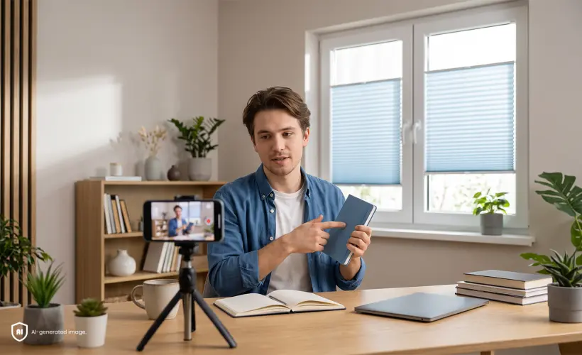 Ein Mann nimmt an seinem Schreibtisch ein Video mit einer Buchrezension auf; im Hintergrund sind blaue Standard-Plissee-Rollos am Fenster zu sehen.