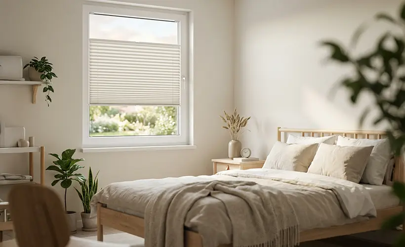Ein minimalistisches Schlafzimmer mit einer Plissee-Jalousie