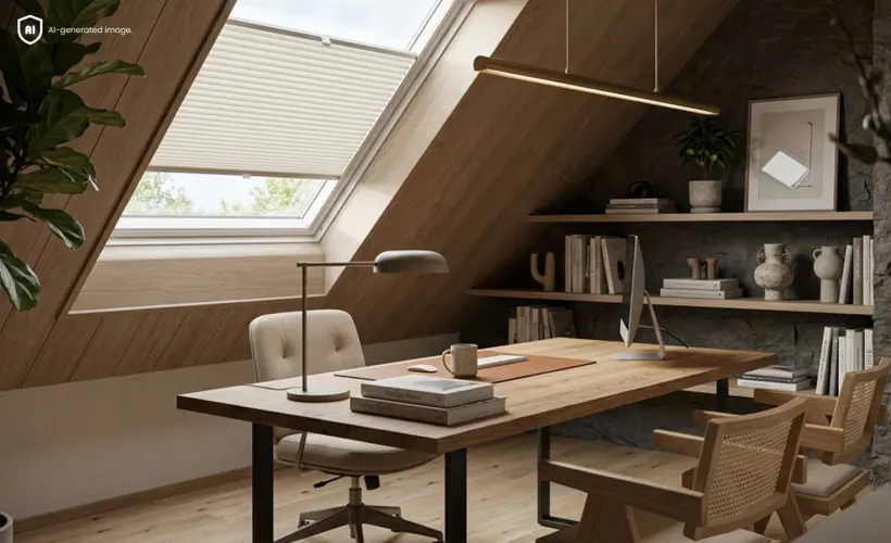 Gem&uuml;tliches B&uuml;ro im Japandi-Stil im Dachgeschoss mit VELUX Dachfenster und wei&szlig;em Plissee