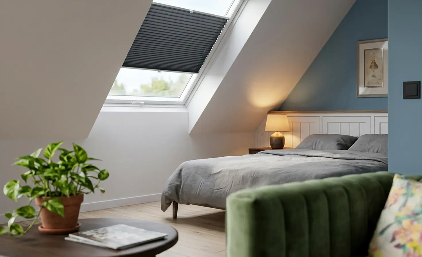 Ein modernes Schlafzimmer im Dachgeschoss mit einer maßgefertigten grauen Plissee-Jalousie am Dachfenster