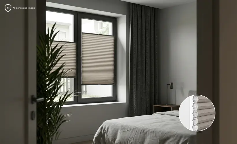 Dunkles graues Schlafzimmer mit grauem Wabenplissee am Fenster