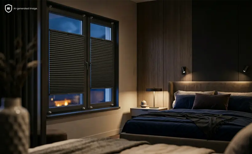 Dunkles, minimalistisches Schlafzimmer bei Nacht mit schwarzem Verdunkelungsplissee