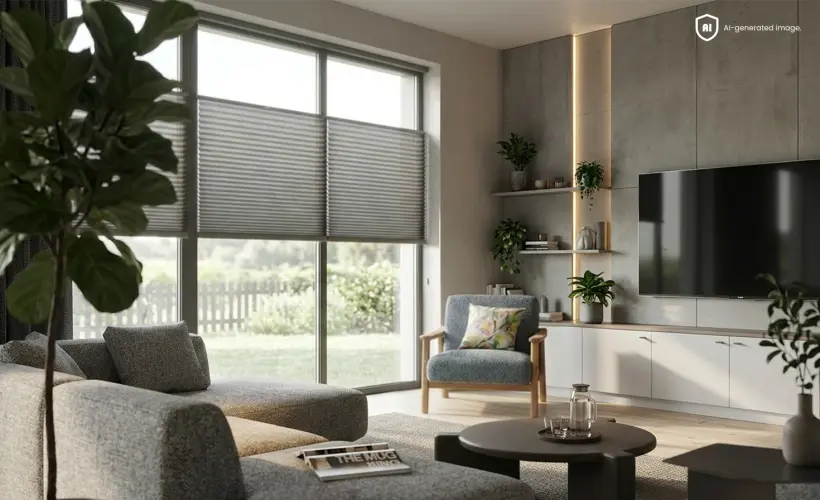 Ger&auml;umiges, sonniges Wohnzimmer mit gro&szlig;en Fenstern und grauen Fensterplissees