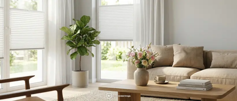 Sonniges Wohnzimmer im modernen Stil mit gro&szlig;en Fenstern und wei&szlig;en Standard-Plissees