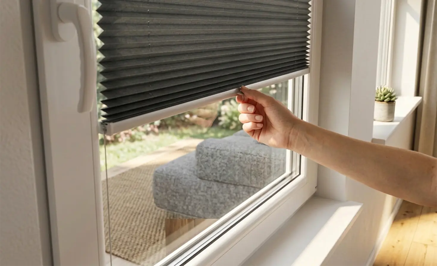 A woman's hand adjusting a grey roller blind