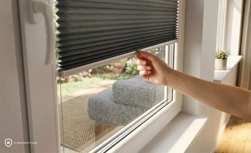 A woman's hand adjusting a grey roller blind