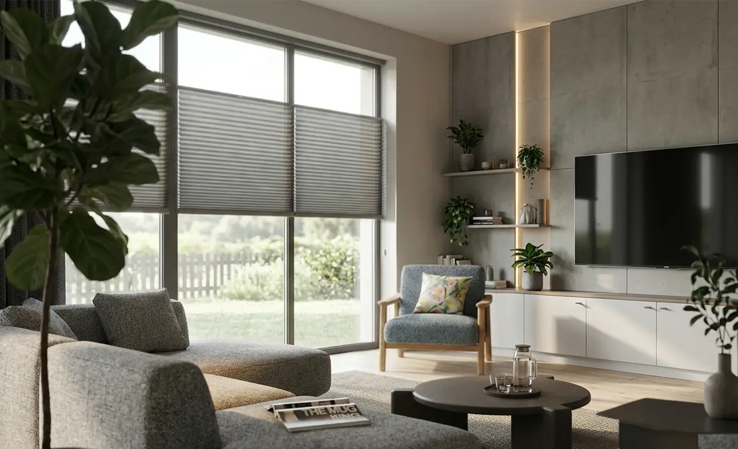 A spacious, sunny living room with large windows and grey roller blinds