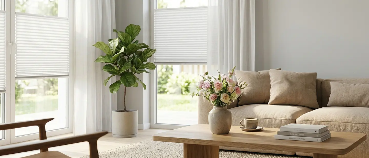 A sunny living room in a modern style with large windows and standard white roller blinds