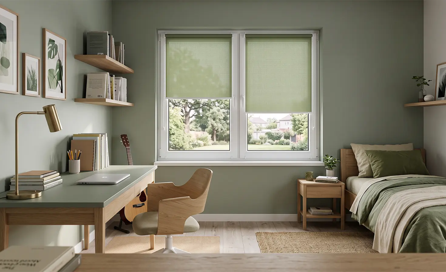 Grünes Kinderzimmer im modernen Stil, mit grünen Standard-Rollos am Fenster.