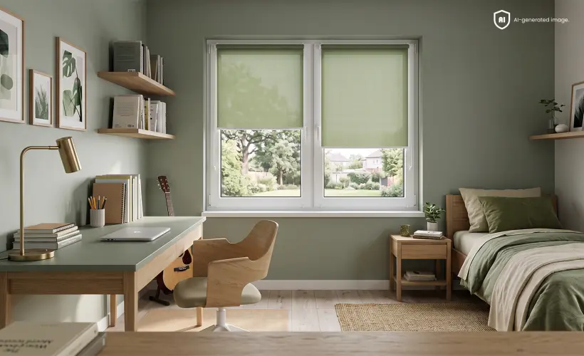 Grünes Kinderzimmer im modernen Stil, mit grünen Standard-Rollos am Fenster.