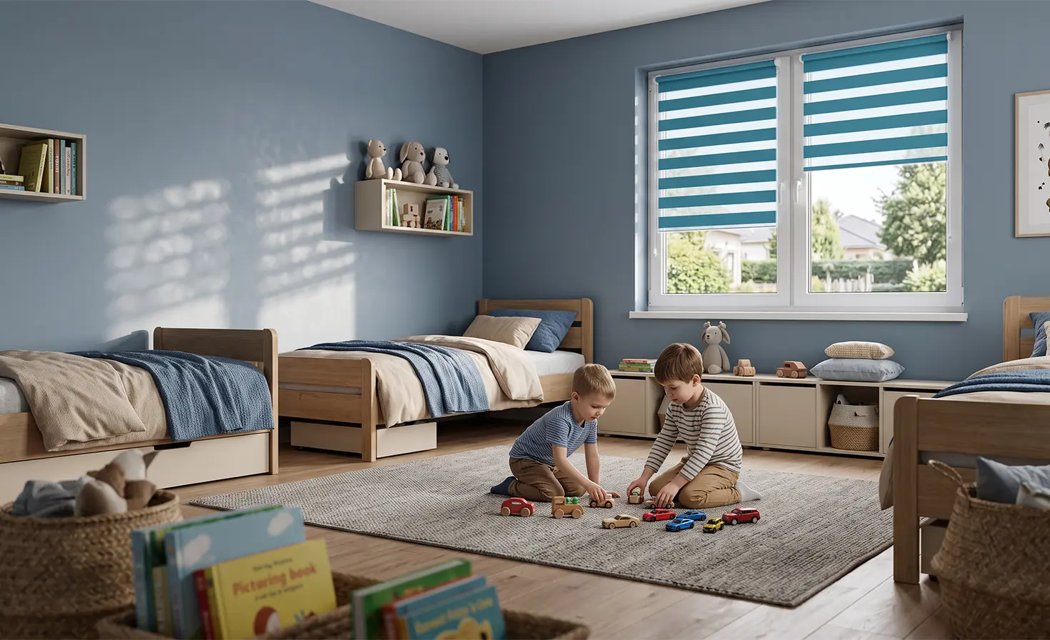 Zwei kleine Jungen, die auf dem Teppich im Kinderzimmer spielen; im Hintergrund sind blaue Doppelrollos am Fenster zu sehen.