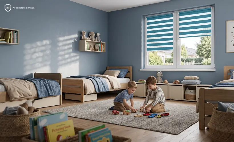 Zwei kleine Jungen, die auf dem Teppich im Kinderzimmer spielen; im Hintergrund sind blaue Doppelrollos am Fenster zu sehen.