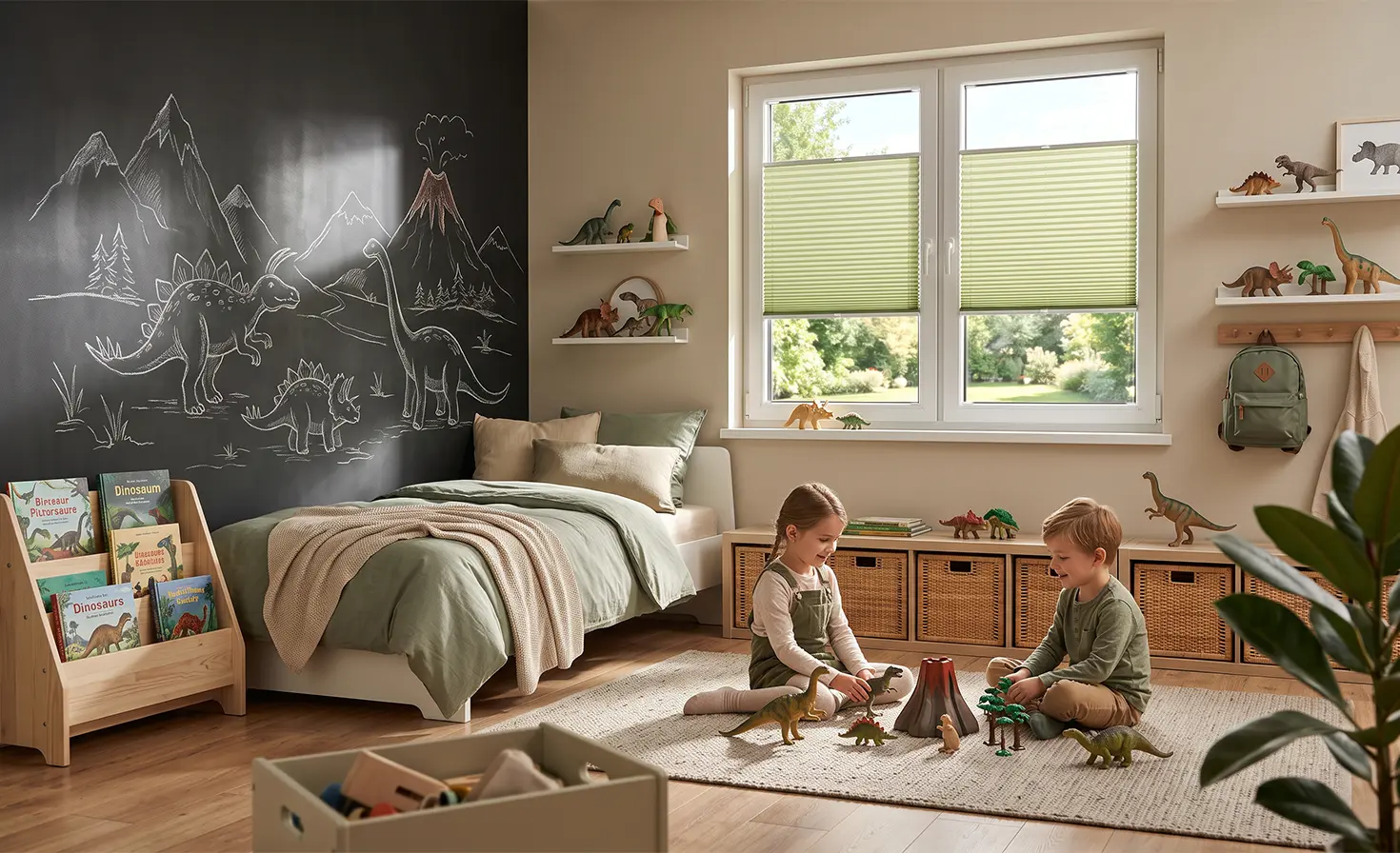 Kinder, die auf dem Teppich in einem Kinderzimmer mit Dinosauriermotiv spielen; im Hintergrund sind pistaziengr&uuml;ne Standard-Plissee-Rollos am Fenster zu sehen.