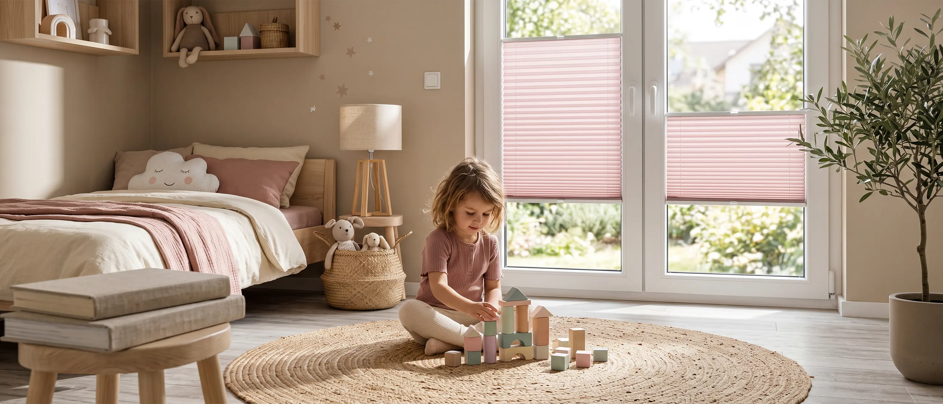 M&auml;dchen, das auf dem Teppich im Kinderzimmer sitzt und spielt; im Hintergrund sind puderrosa Standard-Plissee-Rollos am Fenster zu sehen.