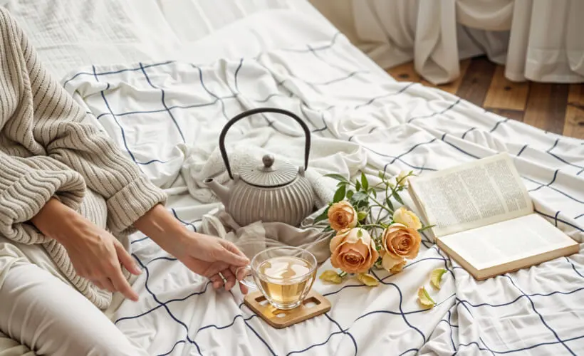 Eine Frau greift beim Lesen eines Buches im Bett nach einer Tasse Tee.
