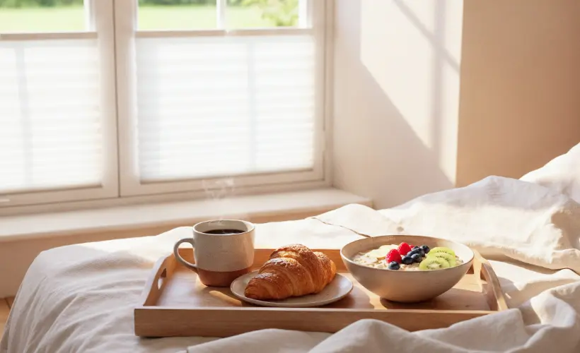 Ein Fr&uuml;hst&uuml;ckstablett steht auf einem Bett vor einem Fenster mit wei&szlig;en Plissees.